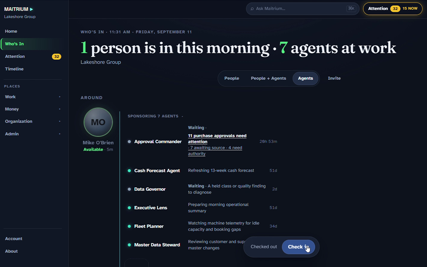 Who's in: one person is in this morning, seven agents at work, each listed with what it is doing and the person sponsoring it.